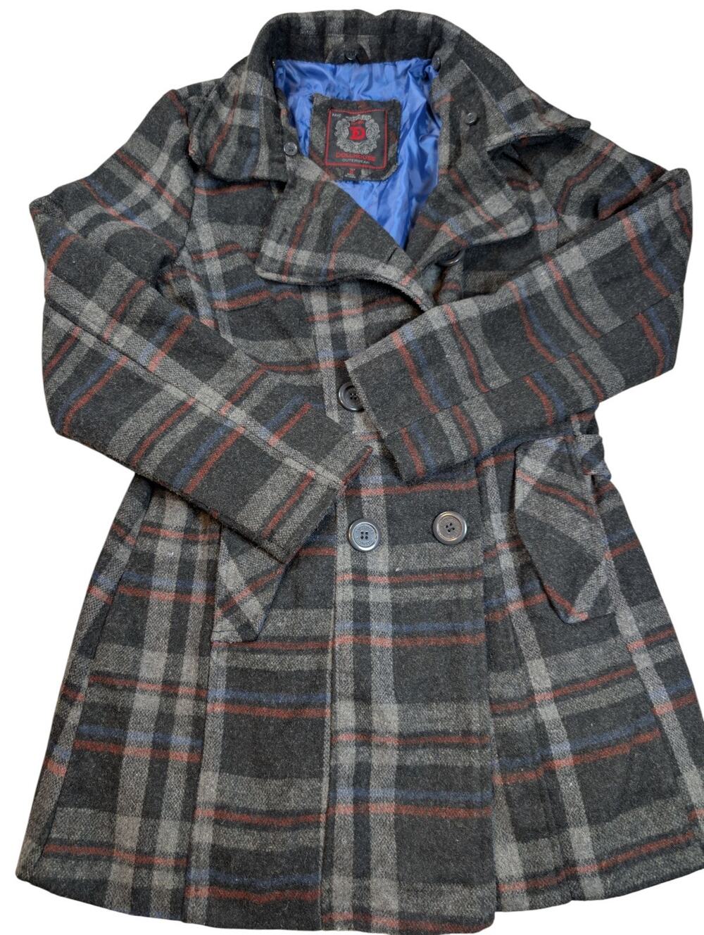 Dollhouse Outerwear Wool Blend Lined Plaid Pea Coat Navy/Gray Juniors Small